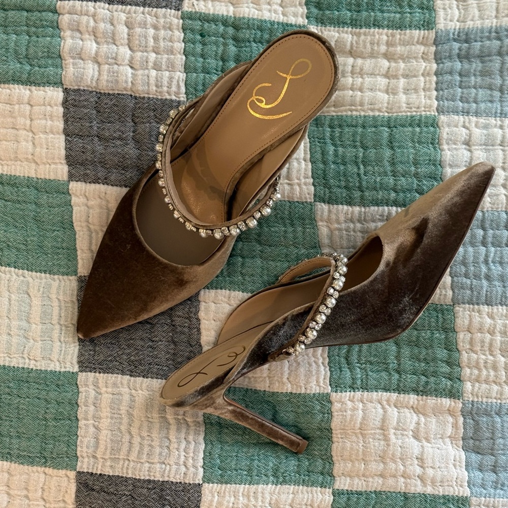 Sam Edelman Brown Velvet Heels with Rhinestone Strap 10.5